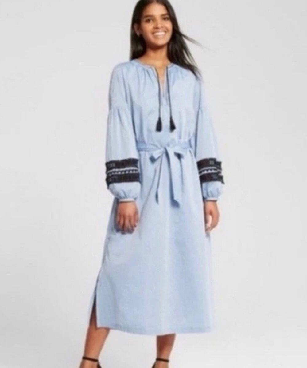 Who What Wear Blue Chambray Midi Dress Black Lace Tassels - No Belt - M